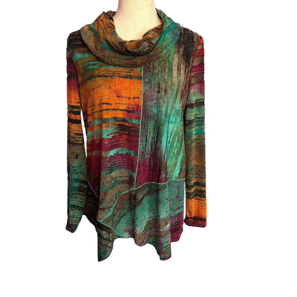 Ali Miles Blouse Womens Small Textured Cowl Neck Top Colorful Fall Unique Artsy